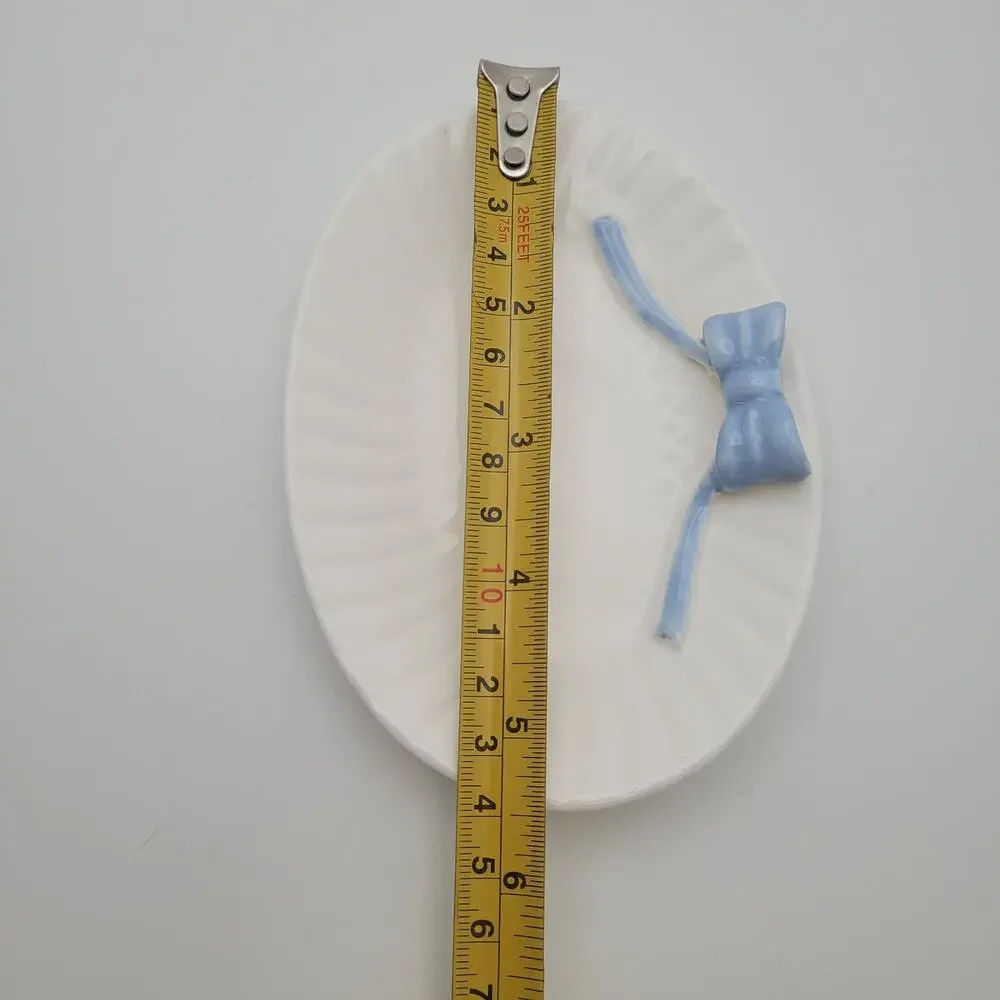 White Ceramic Oval Dish Blue Bow Trinket Plate Soap Dish Cottage Coquette Decor